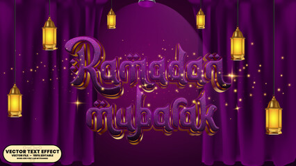 Premium shiny golden ramadan mubarak 3d editable vector text effect for religious book cover, community event, and ramadan campaign. 
