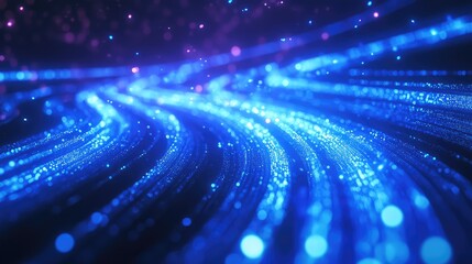 Blue and magenta glowing light particles are forming undulating streams against a dark background, representing digital data transfer, communication, internet speed, and abstract technology concepts