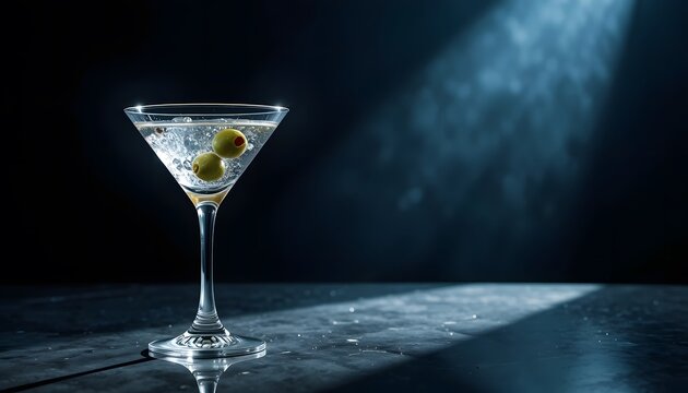 Classic martini cocktail with two olives in a crystal glass under a dramatic spotlight. 007 martini