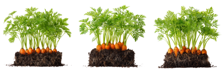 Set of Single carrot growing upright in soil detailed texture and vibrant green leaves on transparent png background. Ai generated