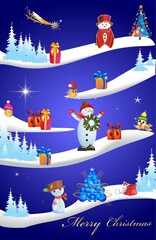 Winter composition with snowmen, Christmas trees, and gifts