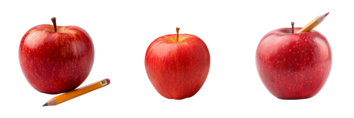 Set of Single red apple with smooth glossy skin on transparent png background. Ai generated