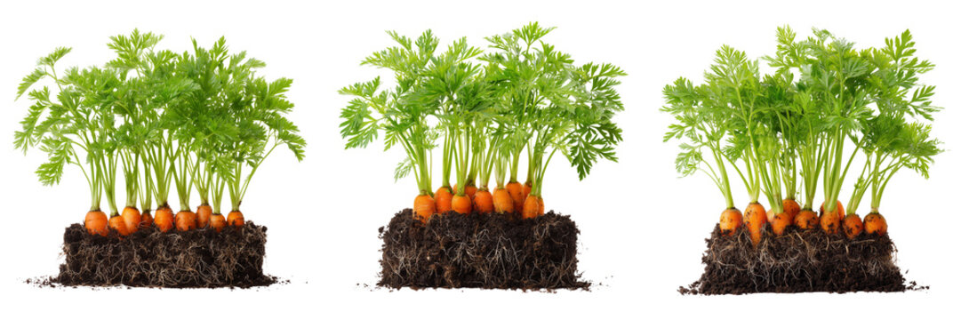 Set of Single carrot growing upright in soil detailed texture and vibrant green leaves on transparent png background. Ai generated