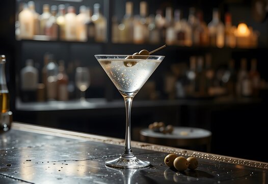 A refreshing martini cocktail with green olives sits elegantly on a dimly lit bar counter. 007 martini