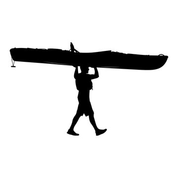 Silhouette of a person carrying a kayak on their head.