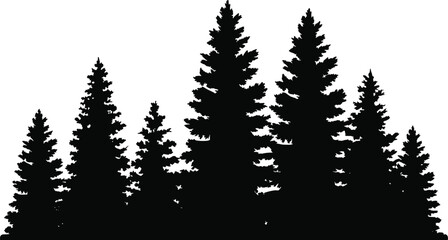 Obraz premium Pine Forest Silhouette Vector Illustration Isolated on White Background 