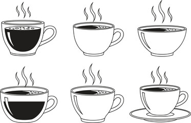 Coffee cup silhouette set, hot drink vector pack, editable, isolated, black mug icons, steam design, café clipart