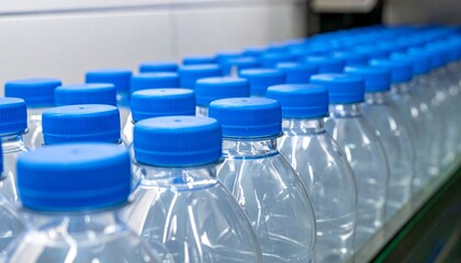 Obraz premium Low-angle view of clear plastic bottles with blue caps on a factory conveyor belt