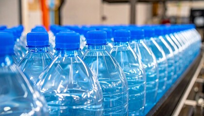 Low-angle shot of numerous plastic bottles moving in parallel rows on a factory production line