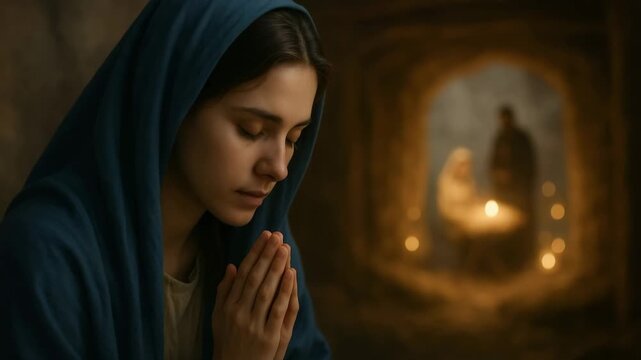 A close-up portrait of the Virgin Mary praying with devotion. A woman in a blue veil with the holy nativity scene in the background. The Christian story of Christmas