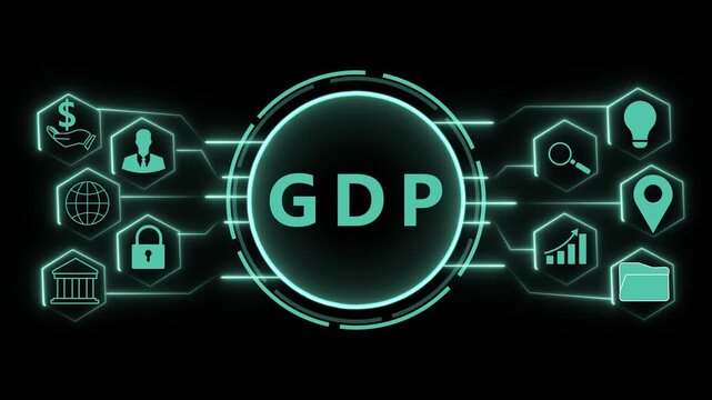 GDP acronym in a glowing circle with financial and business icons on a dark background gross domestic product