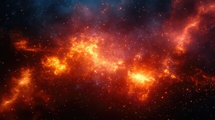 Obraz premium Cosmic nebula glowing in vibrant orange and red colors, forming new stars and illuminating the vast, dark expanse of deep space and the infinite universe