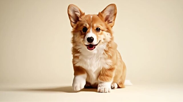 Cute animated Corgi dog playfully pouncing or sniffing on a clean beige background, perfect for pet-related content, children's entertainment, and explainer videos.