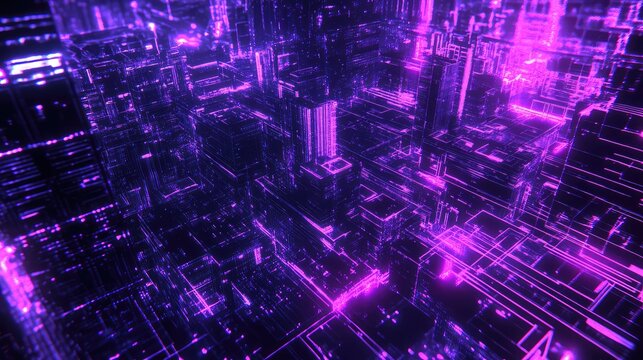 Glowing digital cityscape with interconnected neon purple and blue grid architecture symbolizing ai, big data, virtual reality and global communication in a futuristic networked world - Powered by Adobe