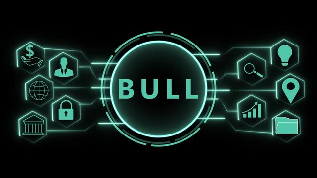 Digital network connecting icons with the word BUL in the center Keywords: bull, market, finance, stock, trading, business, economy, investment, growth, up, positive, trend, digital, technology