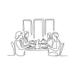 A continuous line drawing of a family enjoying a meal together