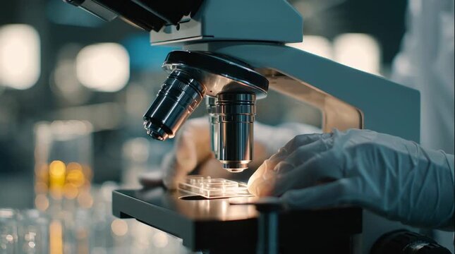 observing a scientist examining samples under a microscope in a laboratory setting