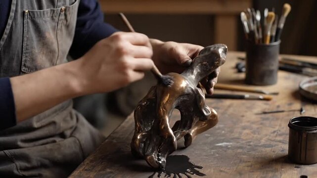 Artist hands applying dark patina to abstract bronze sculpture with brush