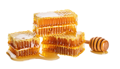 Golden honeycombs, dripping with sweet nectar, invite indulgence, a natural, edible art piece.  Isolated On Transparent and White Background