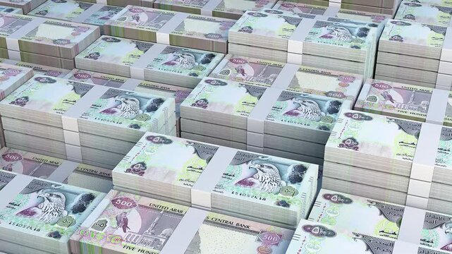 United Arab Emirates 500 Dirham Banknote Horizontal 3D Animation ? Financial Money Flow, Business, Banking, Economy Growth and Currency Exchange Visualization