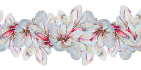 Seamless border with pink and white magnolia flowers watercolor illustration, elegant botanical style. for wedding stationery packaging textiles wallpaper branding and spring holidays worldwide.