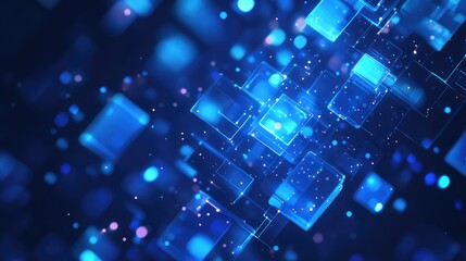 Blue abstract background showing dynamic flowing data across an interconnected grid of glowing geometric shapes and light particles representing modern technology and communication concepts