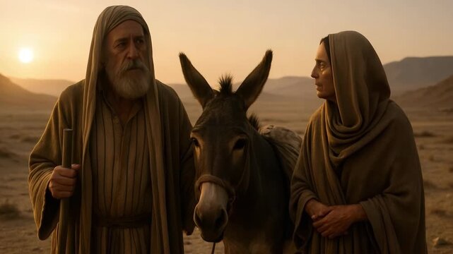 Biblical man and woman with donkey in desert, sunset light, ancient journey scene, historical pilgrimage concept