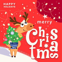 Christmas card with cute deer, winter holiday event square greeting card, poster, flyer, creative vector illustration