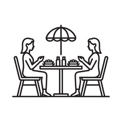 Outdoor dining scene with two people enjoying a meal at a table