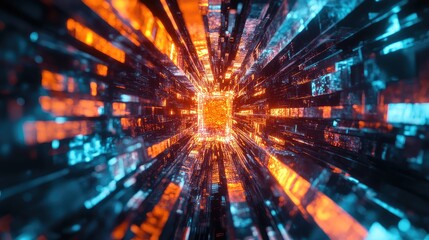 Digital tunnel features illuminated orange and blue light patterns creating a high speed data flow and representing advanced cyberspace connection concepts
