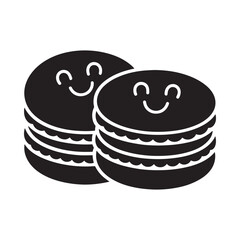Two smiling black and white stylized macarons with layered details are shown
