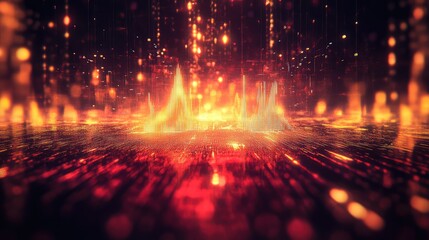 Abstract digital landscape featuring glowing data particles and sound waves visualize complex information, representing connection, technology, and energy flow in a futuristic environment