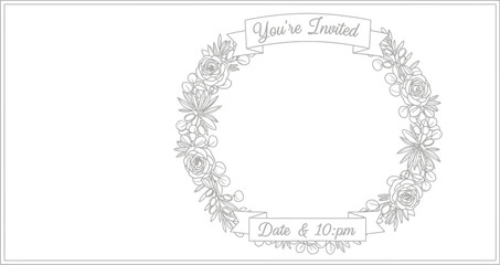 Elegant floral wreath invitation template with roses and banner for custom text