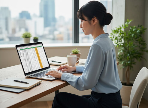 ノートパソコンでExcelを操作する女性