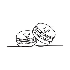 Charming macarons with smiling faces in a simple black and white line drawing