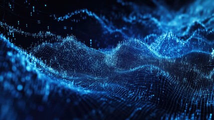 Digital landscape showing abstract network connections and data waves, representing big data, artificial intelligence, and global information flow in a technological background