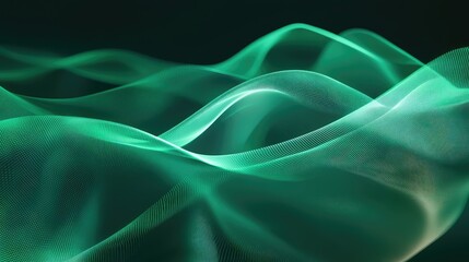 Abstract digital wave pattern made of glowing green particles forming a flowing, interconnected network, visualizing data, technology, and energy concepts