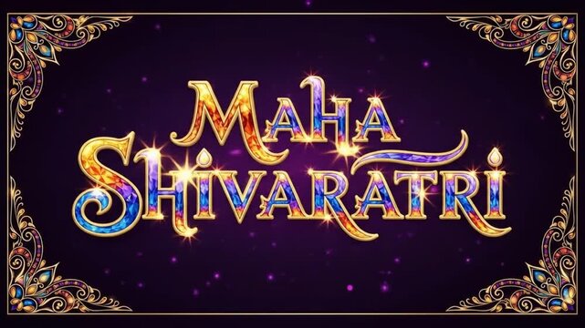 A colorful "Maha Shivaratri" text design with glowing effects, intricate patterns, and a decorative frame on a vibrant purple background