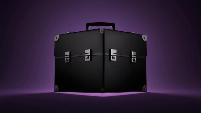 Sleek Black Briefcase in Spotlight on Purple Background