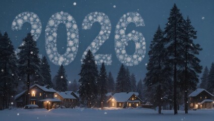 Winter Wonderland - Snowy Village Scene with 2026 New Years Display.