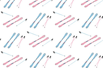 Repeating winter sports motif with skis and poles arranged in a rhythmic layout. Hand-drawn vector pattern for surface design, packaging accents and seasonal visual branding.