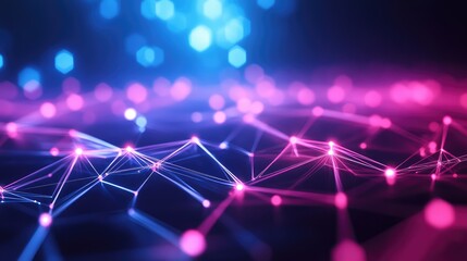 Abstract network of glowing nodes and connecting lines representing data transfer, technology, artificial intelligence, and global communication across a vibrant gradient background