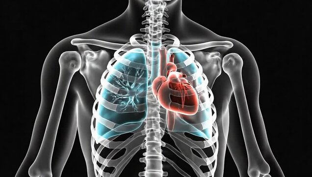 A digital rendering of the human heart and lungs within the skeletal structure