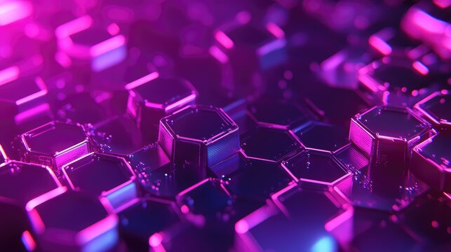 Illuminating hexagonal shapes forming a futuristic grid with vibrant neon lights, symbolizing data processing, connectivity, and advanced technology in a digital abstract environment - Powered by Adobe