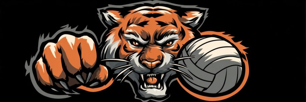 Fierce Tiger Mascot: Dynamic Volleyball Design with Paw Gripping a Ball for Schools and Leagues
