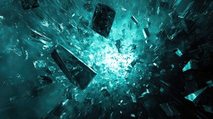 Geometric ice like fragments shatter outward from a bright central light, forming a teal blue, futuristic abstract representation of digital data explosion and network disruption