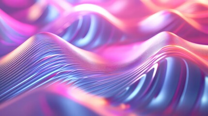 Abstract waves forming a dynamic and fluid pattern, showcasing smooth lines and a vibrant iridescent gradient of pink, purple, and blue hues, ideal for modern design concepts