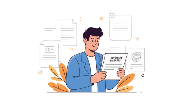 Young caucasian male analyzing software licenses in office setting