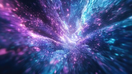 Abstract particle tunnel forming a vibrant cosmic wormhole, generating a dynamic stream of shimmering blue, purple, and pink light, visualizing speed, technology, and energetic data flow