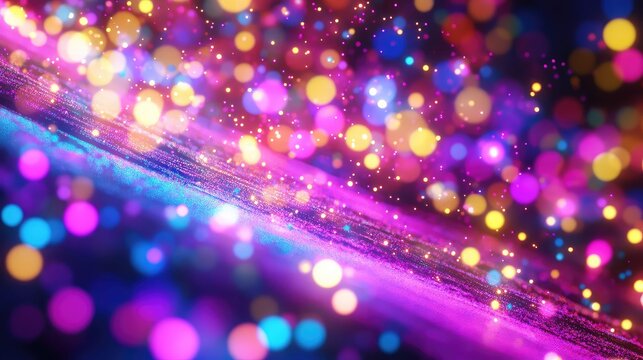 Vibrant luminous particles and glowing bokeh circles forming a dynamic diagonal light trail on a dark background, representing digital data flow, energy, or celebration - Powered by Adobe